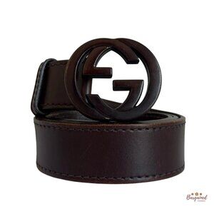 Authentic Gucci Dark Brown Leather Bamboo Interlocking G Buckle Belt 95/38